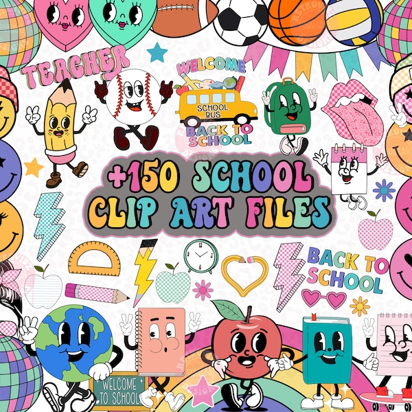 Retro School Clipart Bundle, Teacher Clipart Education, Apple Bus Pencil School Supplies, Back To School Clip Art Files, Clipart Png Bundle