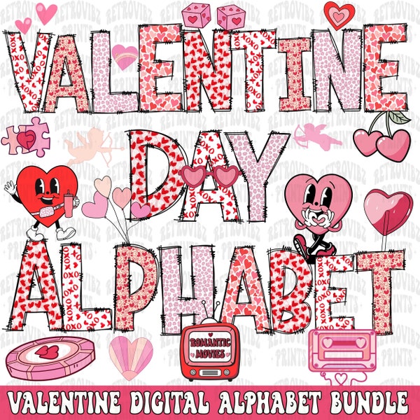 Valentine Day Alphabet PNG, Doodle Alpha Bundle, doodle font png, Valentine Clipart Png, Valentines Doodle, Doodle Letters PNG Bundle