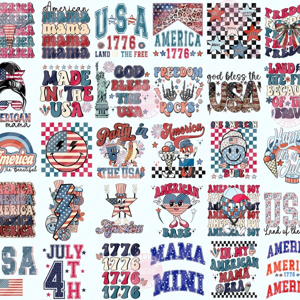 Bundle PNG rétro du 4 juillet, Design en sublimation du 4 juillet, Design de chemise Amérique PNG, American mama png, Png patriotique, téléchargement numérique