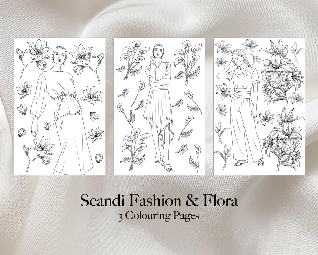 Scandi Fashion & Flora Printable Colouring Pages for Adults. 3 - Etsy