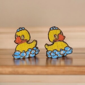 Cute Wooden Rubber Ducky Stud Earrings - Hypoallergenic & Lighweight