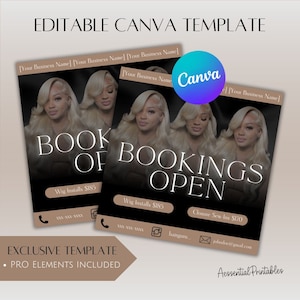 Folleto de negocios elegante en marrón y negro/Folleto de peluquero /Folleto abierto de reservas/ Plantilla de Canva editable /Plantilla de Canva DIY/ Folleto de ofertas de cabello