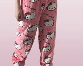 Hello Kitty Pajamas Pants Trousers Fluffy Pink White Black Cute Y2K Gift For Daughter Mother Friend