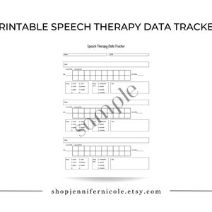 May include: A printable speech therapy data tracker with the text "Printable Speech Therapy Data Tracker." The black and white document includes sections for goals, data, and notes. The Etsy shop URL is visible at the bottom.