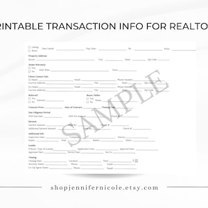 May include: A printable transaction info form for realtors. The form includes fields for listing details, property address, client contact information, and closing information. The text "SAMPLE" is watermarked across the page. The Etsy shop URL is at the bottom.