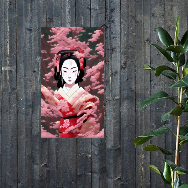 Japanse Geisha in het Wonder Forest - Sakura Blumen-Digital Art Print - Poster