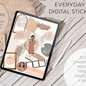 Op de afbeelding: Een digitaal tabletscherm met een verzameling van meer dan 1400 digitale stickers voor het dagelijks leven. De stickers omvatten pictogrammen, personages, widgets, frames, briefpapier en meer. De stickers zijn in een minimalistische stijl met een neutrale kleurenpalet.