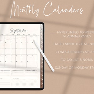 May include: A digital tablet displaying a monthly calendar template for September. The calendar is designed for planning and includes sections for goals, rewards, to-do lists, and notes. The text "Monthly Calendars" is displayed at the top of the image.