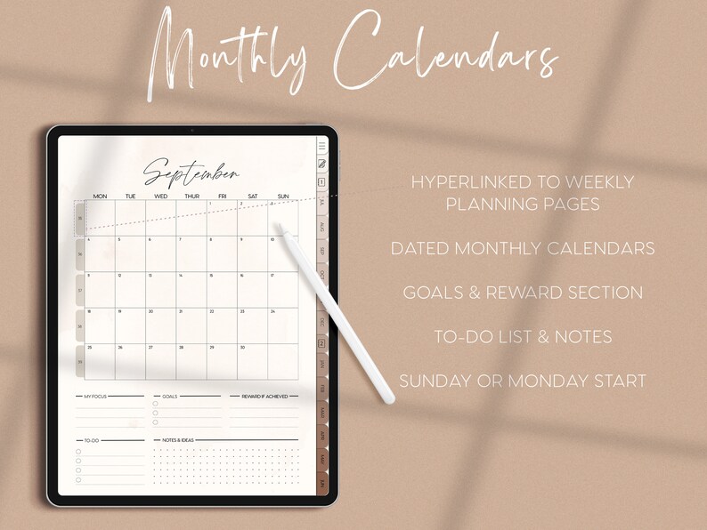 May include: A digital tablet displaying a monthly calendar template for September. The calendar is designed for planning and includes sections for goals, rewards, to-do lists, and notes. The text "Monthly Calendars" is displayed at the top of the image.