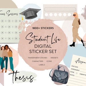 May include: A digital sticker set for students featuring illustrations of a graduation cap, a laptop, a person walking, and three people standing together. The stickers are designed in a minimalist style with pastel colors and include text such as "Student Life", "Good Vibes", "Thesis", "Focus Sessions", "Notes", and "Assignment Tracker".