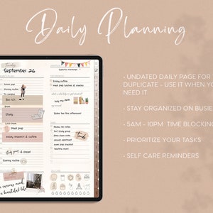 May include: A digital planner app on a tablet screen with a daily planner page for September 26. The page includes a schedule for the day, a to-do list, and self-care reminders. The text on the screen reads "Daily Planning" and "September 26".
