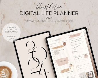 2024 Aesthetic Digital Life Planner Dated Daily Planner Neutral Premium Weekly Hyperlinked Planner for Goodnotes, Notability 2023