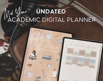 Undated Weekly Student Digital Planner Mid Year Aesthetic Academic Planner Neutral Hyperlinked iPad Goodnotes Template Notability Stickers