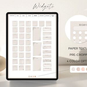 May include: A digital screen displaying a collection of printable planner widgets with a paper texture. The widgets include a 30-day challenge tracker, to-do lists, and habit trackers. The text "PAPER TEXTURE" and "PRE-CROPPED" is displayed below the widgets. Four color options are shown below the text.