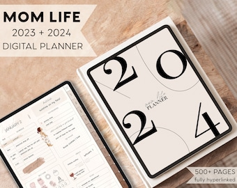 Könnte beinhalten: Ein digitaler Planer für 2023 und 2024 mit dem Text "Mom Life" und "2023 + 2024 Digital Planner" auf dem Cover. Der Planer hat ein minimalistisches Design mit schwarzem Text und Linien auf einem beigefarbenen Hintergrund. Das Cover zeigt die Zahlen "2024" in einer großen, fetten Schrift.