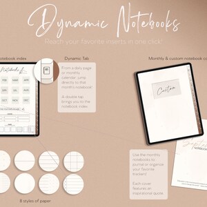 May include: A digital planner with a notebook index, dynamic tab, and monthly and custom notebook covers. The notebook index has a calendar with months of the year. The dynamic tab allows you to jump directly to a specific month's notebook. The monthly and custom notebook covers are blank and have a space for a title. The image also shows 8 different styles of paper.