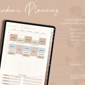 May include: A digital planner for academic planning with a light brown background. The planner includes a semester 1 overview with a weekly schedule, a semester 2 overview, and a section for class overviews and academic templates. The planner also includes a section for monthly calendars, monthly notebooks, and an index page.