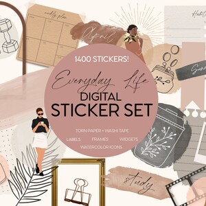 May include: A digital sticker set with 1400 stickers featuring illustrations of everyday life, including a woman with a coffee cup, a candle, a plant, a film strip, a torn paper, a weekly planner, a habit tracker, and a purse. The stickers are in a variety of colors, including pink, brown, gray, and white.