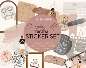 May include: A digital sticker set with 1400 stickers featuring illustrations of everyday life, including a woman with a coffee cup, a candle, a plant, a film strip, a torn paper, a weekly planner, a habit tracker, and a purse. The stickers are in a variety of colours, including pink, brown, grey, and white.