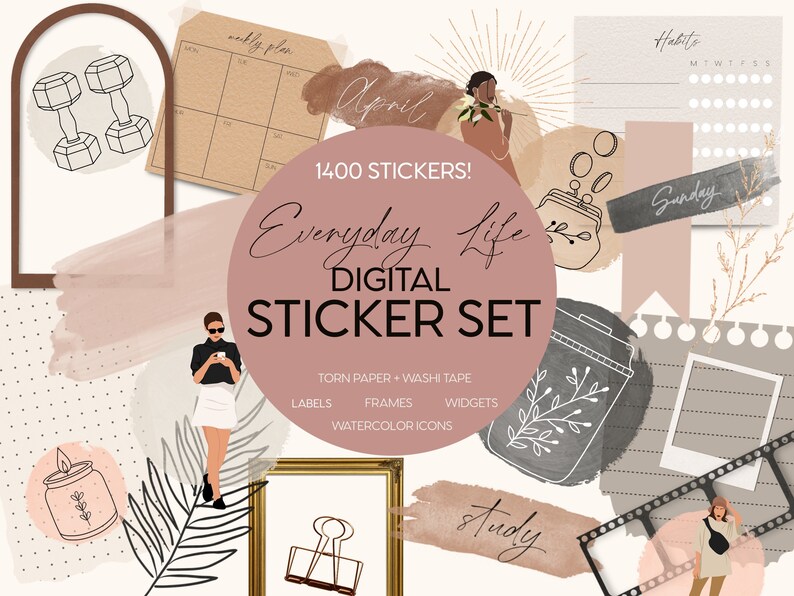 May include: A digital sticker set with 1400 stickers featuring illustrations of everyday life, including a woman with a coffee cup, a candle, a plant, a film strip, a torn paper, a weekly planner, a habit tracker, and a purse. The stickers are in a variety of colors, including pink, brown, gray, and white.