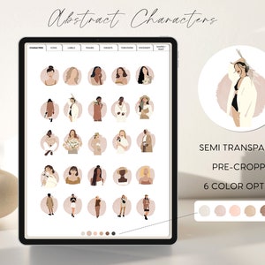 May include: A computer screen displaying a collection of 24 semi-transparent, pre-cropped illustrations of abstract characters. The characters are women with different hairstyles, clothing, and accessories. The illustrations are available in 6 color options, which are shown below the screen.