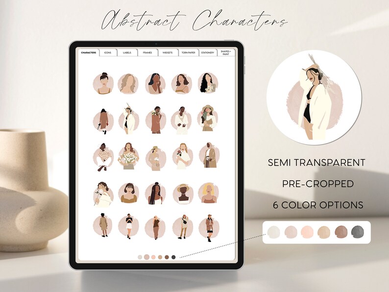 May include: A computer screen displaying a collection of 24 semi-transparent, pre-cropped illustrations of abstract characters. The characters are women with different hairstyles, clothing, and accessories. The illustrations are available in 6 color options, which are shown below the screen.