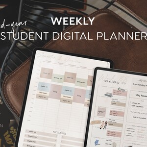 2024-2025 Mid-Year Academic Digital Planner, fully dated weekly planner for students. Mockup of semester overview template and weekly layout with aesthetic stickers.