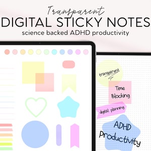 May include: A digital planner with transparent sticky notes in various colors and shapes. The notes include text such as "transparent", "Time Blocking", "digital planning", and "ADHD Productivity".