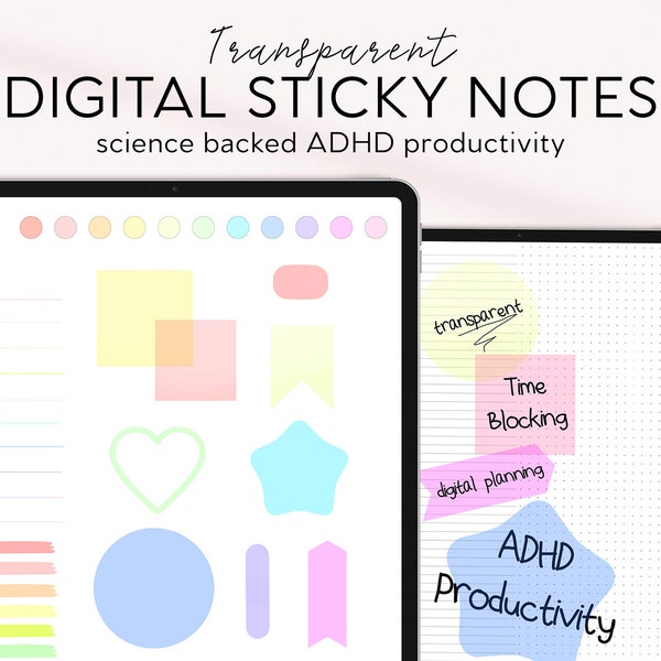 ADHD Productivity Digital Highlighter Stickers | Transparent Rainbow Bright Sticky Notes for GoodNotes | Digital Planner Time Blocking