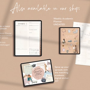 May include: A digital planner with a weekly layout, featuring a colorful illustration of students studying. The planner is undated and includes a matching digital sticker set. The text "Academic Planner" is featured on the cover.
