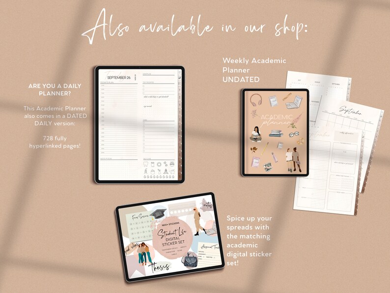 May include: A digital planner with a weekly layout, featuring a colorful illustration of students studying. The planner is undated and includes a matching digital sticker set. The text "Academic Planner" is featured on the cover.