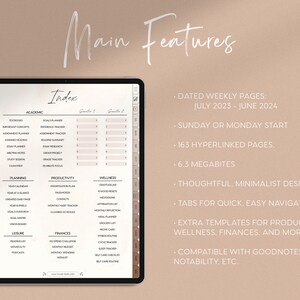 May include: A digital planner with a light brown background and a black index page. The index page lists categories such as academic, planning, productivity, wellness, leisure, and finances. The planner features dated weekly pages, Sunday or Monday start, 163 hyperlinked pages, 6.3 megabytes, a thoughtful minimalist design, tabs for quick and easy navigation, extra templates for productivity, wellness, finances, and more, and is compatible with Goodnotes, Notability, etc.