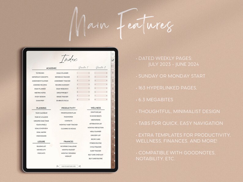 May include: A digital planner with a light brown background and a black index page. The index page lists categories such as academic, planning, productivity, wellness, leisure, and finances. The planner features dated weekly pages, Sunday or Monday start, 163 hyperlinked pages, 6.3 megabytes, a thoughtful minimalist design, tabs for quick and easy navigation, extra templates for productivity, wellness, finances, and more, and is compatible with Goodnotes, Notability, etc.