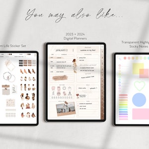 May include: Three digital planner screens showing a set of mom life stickers, a 2023-2024 digital planner with a January calendar page, and a set of transparent highlighter sticky notes.