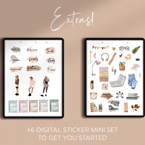 May include: Two digital planner sticker sets with a watercolor aesthetic. The first set features illustrations of people, books, and text labels like "class", "study group", and "finals". The second set features illustrations of school supplies, a laptop, and a pair of jeans.