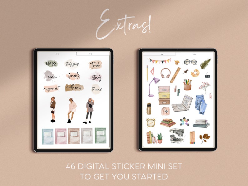 May include: Two digital planner sticker sets with a watercolor aesthetic. The first set features illustrations of people, books, and text labels like "class", "study group", and "finals". The second set features illustrations of school supplies, a laptop, and a pair of jeans.