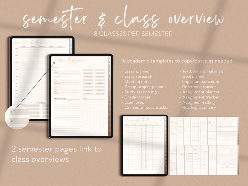 May include: A digital planner template for semester and class organization. The template includes 8 classes per semester and 16 academic templates to copy and paste as needed. The templates include essay planner, essay research, meeting notes, group project planner, study session log, grade tracker, exam prep, 25 minute focus tracker, textbooks and materials, goal planner, important concepts, reference tracker, assignment planner, assignment tracker, assigned reading, and reading summary.