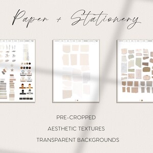May include: Three digital sheets of paper and stationery elements. The first sheet features a variety of paper textures, shapes, and decorative elements in beige, brown, and white. The second sheet features a variety of pre-cropped aesthetic textures in beige and white. The third sheet features a variety of pre-cropped aesthetic textures in beige, brown, and green.