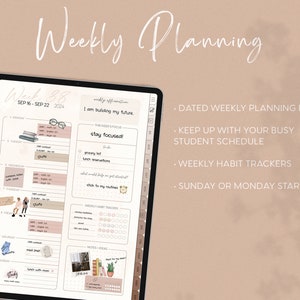 May include: A digital planner with a weekly layout for September 16-22, 2024. The planner includes a habit tracker, notes section, and daily schedule. The planner has a pink and brown color scheme with a quote that says "I am building my future." and "stay focused!"
