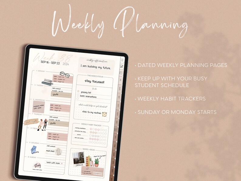 May include: A digital planner with a weekly layout for September 16-22, 2024. The planner includes a habit tracker, notes section, and daily schedule. The planner has a pink and brown color scheme with a quote that says "I am building my future." and "stay focused!"