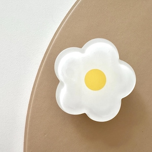 Op de afbeelding: Een witte, bloemvormige harsknop met een geel centrum. De knop bevindt zich op een bruine achtergrond.