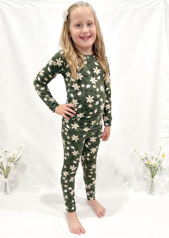 Bamboo Kids Pyjamas Emberly Olive Green Floral Bamboo Pyjamas Toddler Pyjamas Two Piece Pyjama Set Fall Baby Pyjamas
