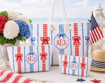 Bolso de fin de semana personalizado Americana Bows, bolso personalizado America con monograma personalizado rojo, blanco y azul, bolso de playa de verano estilo preppy Gingham,