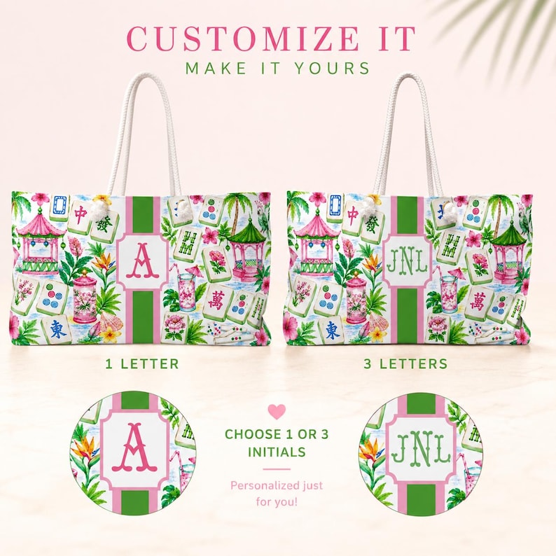May include: White tote bag with a colourful floral and pagoda design, featuring a pink and green stripe down the centre. The bag is customisable with one or three initials. The text "Customize It, Make It Yours" is at the top.