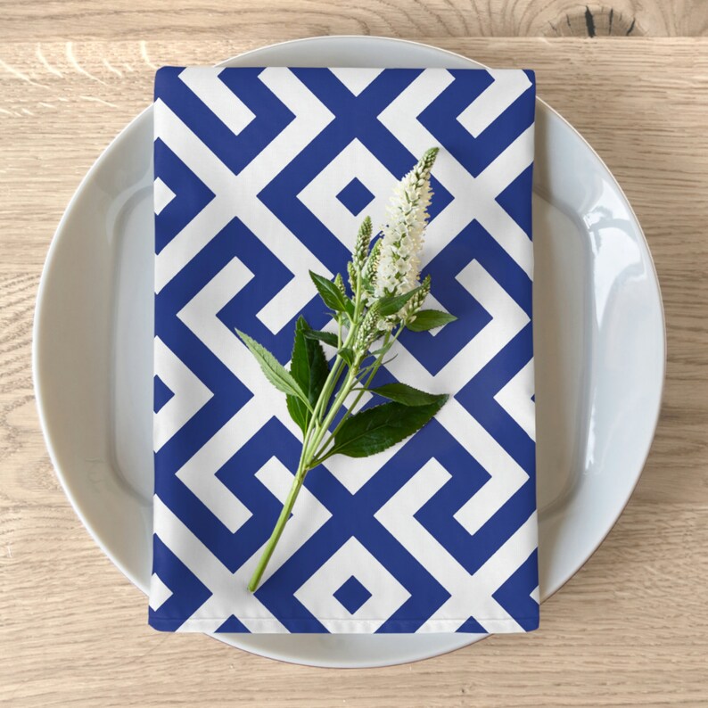Blue and White Geometric Greek Key Napkins, Blue and White Home Decor