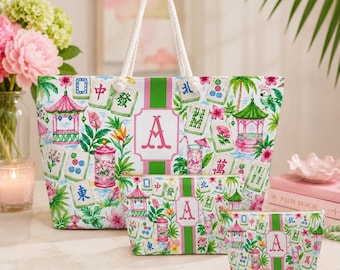 Personalisierte Mahjong Einkaufstasche und Beutel Set, Monogramm Mahjong Tasche, Preppy Mahjong Geschenk, Mahjong Fliesen Aufbewahrungstasche, Spielabend Tote, Individuell