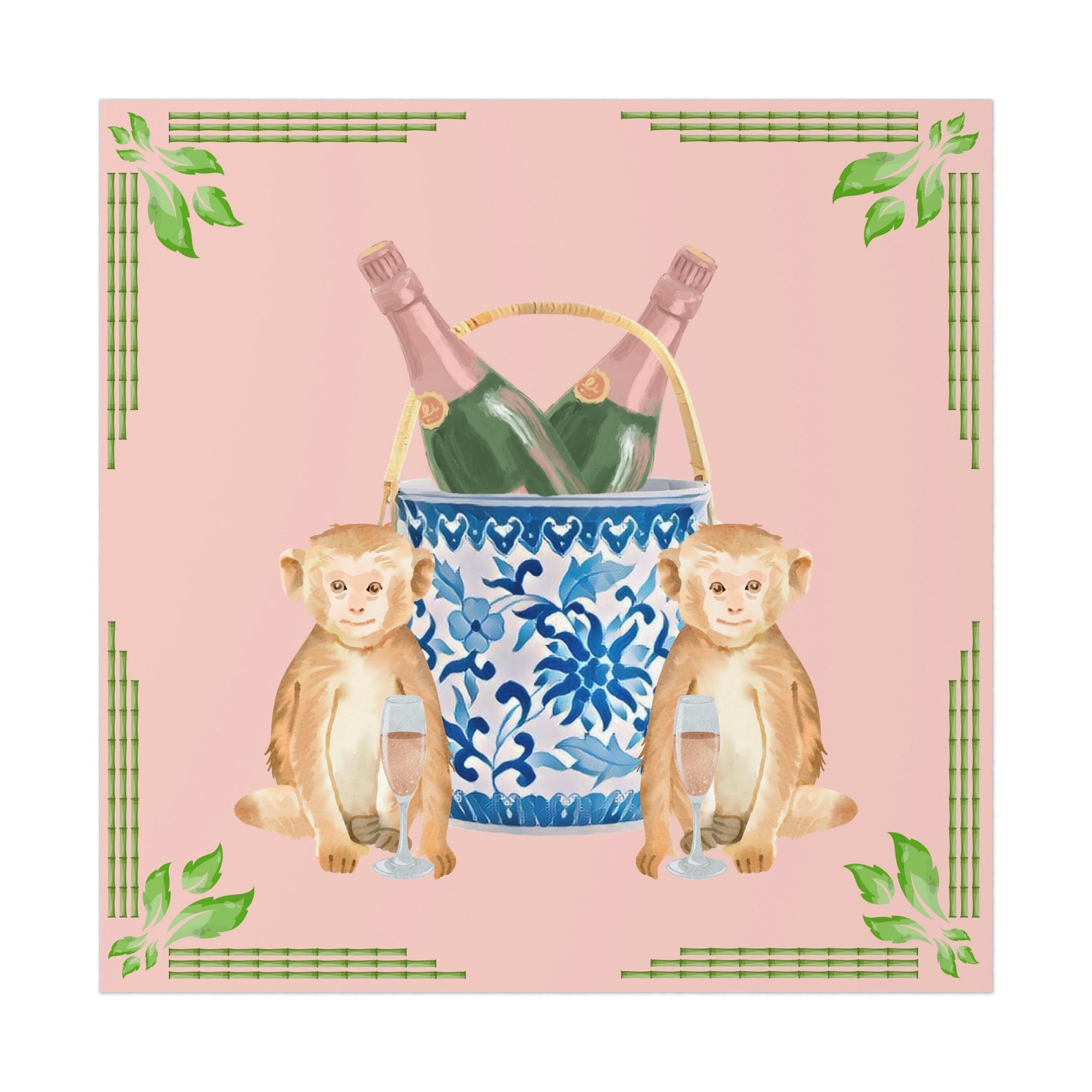 Chinoiserie Champagne Monkeys Print, Monkeys Drinking Sparkling Wine