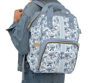 Custom Blue Floral Stripe Monogram Multifunctional Diaper Backpack, Preppy Style Diaper Bag, Baby Shower Gift, Personalized Diaper Bag