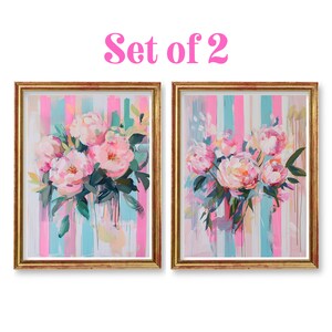 Set of 2 Abstract Floral Art, Floral and Stripes Modern Art, Bright Colorful Pink Floral Digital Download Bedroom Decor, Teen Room Decor