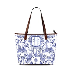 Custom Tote Gift for Her with Blue and White Chinoiserie Cute Personalized Tote Bag Gift for Friend Grand Millennial Shoulder Bag Pagoda